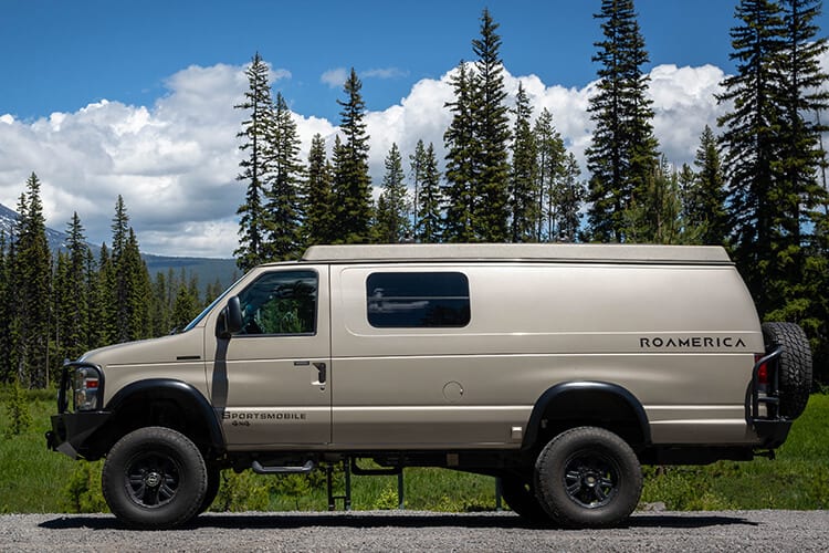 Side profile of 2008 4x4 Sportsmobile Ford Econoline Adventure Van
