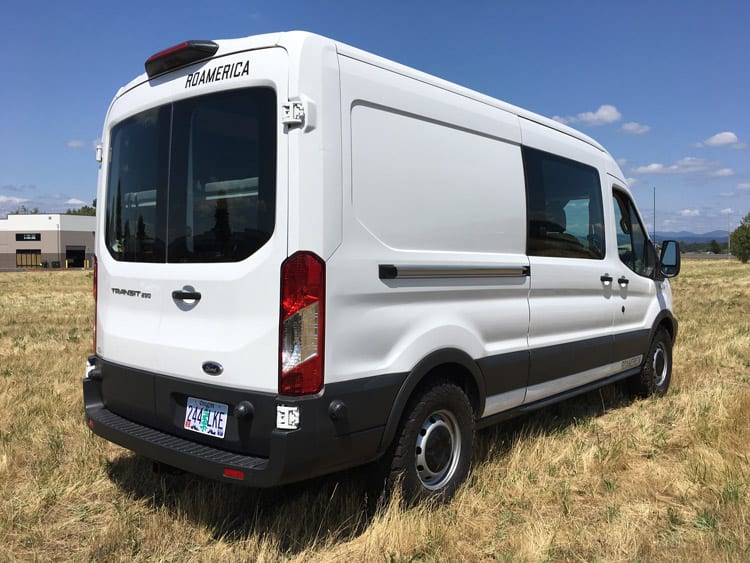 Rear side profile of the Ford Transit Adventure van