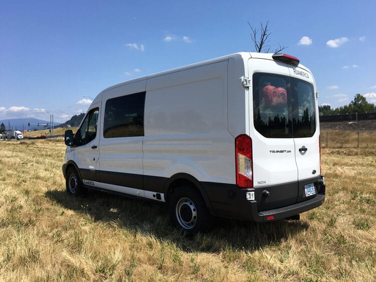 Rear side profile of the Ford Transit Adventure van