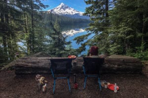 Setting up breakfast while on a road trip through Oregon at Lost Lake