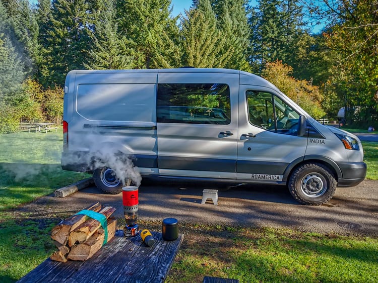 Making coffee camping out of a campervan
