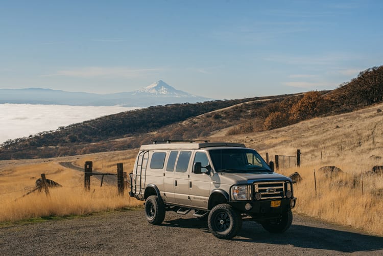 4wd Ford Econoline Sportsmobile Campervan overlooking Mt. Hood in Oregon
